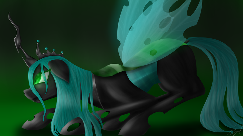 Size: 3840x2160 | Tagged: artist:flaxen's art corner, changeling, changeling queen, crown, derpibooru import, female, floppy ears, glowing eyes, green eyes, high res, jewelry, pose, profile, queen chrysalis, regalia, safe, solo, wings