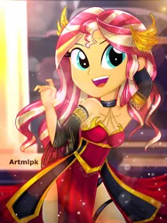 Size: 1800x2400 | Tagged: safe, artist:artmlpk, derpibooru import, sunset shimmer, equestria girls, adorable face, adorasexy, adorkable, alternate hairstyle, bare chest, bare shoulders, beautiful, choker, clothes, crown, cute, dork, emperor, female, gloves, gold, hand on head, jewelry, looking at you, open mouth, queen, red dress, regalia, ruler, sexy, shimmerbetes, side slit, smiley face, smiling, smiling at you, socks, solo, thigh highs, watermark