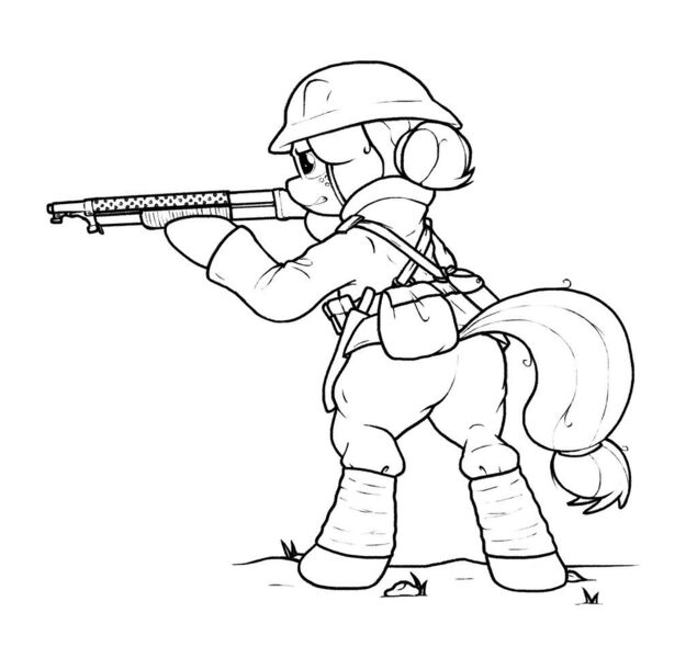 Size: 1024x968 | Tagged: safe, artist:ljdamz1119, derpibooru import, applejack, earth pony, alternate hairstyle, battlefield, bipedal, clothes, female, gritted teeth, gun, hair bun, helmet, mare, monochrome, shotgun, soldier, solo, trench shotgun, uniform, war, weapon, winchester 1897, world war i