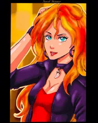 Size: 1080x1349 | Tagged: abstract background, artist:thinnwin, breasts, bust, choker, cleavage, clothes, derpibooru import, female, fingerless gloves, gloves, human, humanized, jewelry, necklace, safe, solo, sunset shimmer