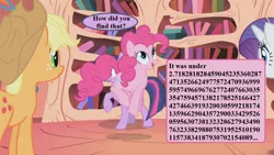 Size: 1280x720 | Tagged: applejack, applejack's hat, book, cowboy hat, cute, derpibooru import, dialogue, diapinkes, edit, edited screencap, e (number), friendship is magic, golden oaks library, hat, math joke, pinkie pie, pun, rarity, safe, screencap, speech bubble, twilight sparkle