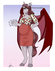 Size: 2865x3730 | Tagged: safe, artist:blackblood-queen, derpibooru import, oc, oc:scarlet quill, unofficial characters only, anthro, bat pony, unguligrade anthro, anthro oc, bat pony oc, bat wings, belly, big belly, clothes, commission, digital art, ear twitch, fangs, female, gradient background, internal screaming, key, pregnant, simple background, solo, wings