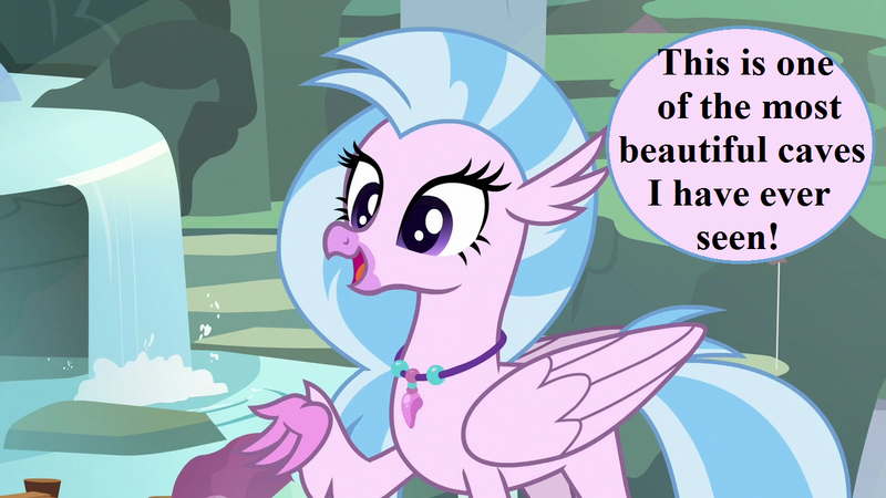 Size: 1280x720 | Tagged: cute, derpibooru import, diastreamies, edit, edited screencap, jewelry, maud's cave, necklace, safe, screencap, silverstream, speech, speech bubble, student counsel, talking, waterfall