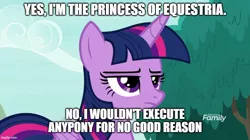 Size: 888x499 | Tagged: safe, derpibooru import, edit, edited screencap, screencap, twilight sparkle, twilight sparkle (alicorn), alicorn, pony, non-compete clause, caption, female, frown, image macro, implied execution, implied tyrant sparkle, mare, meme, solo, text, twilight is not amused, unamused