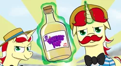 Size: 1024x557 | Tagged: safe, artist:tkuroneko, derpibooru import, flam, flim, ponified, pony, unicorn, /mlp/, 4chan, amazing horse, bottle, crossover, drawthread, duo, flim flam brothers, floppy ears, looking at you, magic