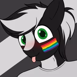 Size: 3000x3000 | Tagged: safe, artist:galacticham, derpibooru import, oc, oc:zenawa skunkpony, unofficial characters only, anthro, earth pony, skunk, skunk pony, :p, abstract background, blushing, celebrating, clothes, gay pride, gay pride flag, happy, lgbtq, looking at you, male, pride, pride flag, pride month, rainbow flag, shirt, smiling, solo, stallion, t-shirt, tongue out