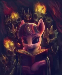 Size: 1200x1459 | Tagged: safe, artist:stdeadra, derpibooru import, twilight sparkle, pony, skeleton pony, unicorn, bone, dark, dark background, dark magic, fire, magic, necromancer, skeleton