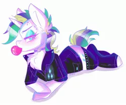 Size: 2819x2373 | Tagged: safe, artist:h0rsefeathers, derpibooru import, rarity, pony, unicorn, alternate hairstyle, bubblegum, chest fluff, clothes, ear piercing, earring, eyeshadow, female, food, gum, jacket, jewelry, makeup, mare, pants, piercing, punk, raripunk, solo