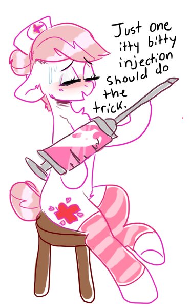 Size: 1937x3132 | Tagged: safe, artist:h0rsefeathers, derpibooru import, nurse redheart, earth pony, pony, clothes, dialogue, giant syringe, socks, solo, stool, striped socks, sweat, syringe