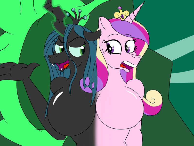 Size: 2048x1536 | Tagged: questionable, artist:reaper2545, derpibooru import, princess cadance, queen chrysalis, anthro, big breasts, breasts, busty princess cadance, busty queen chrysalis, conjoined, featureless breasts, fusion, huge breasts, multiple heads, reversalis, two heads, we have become one