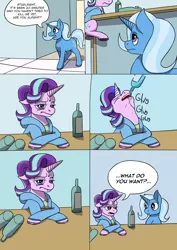 Size: 2480x3507 | Tagged: alcohol, apartment, artist:mcsplosion, bedroom, comic, comic:horsemates, counter, derpibooru import, desk, drunk, drunker glimmer, human to pony, kitchen, living room, magic, male to female, post-transformation, rule 63, safe, starlight glimmer, transformation, transgender transformation