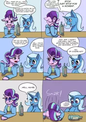 Size: 2480x3507 | Tagged: apartment, artist:mcsplosion, awkward smile, comic, comic:horsemates, countertop, derpibooru import, drunk, drunker glimmer, existential crisis, facedesk, facehoof, faint, human to pony, magic, male to female, mental shift, post-transformation, rule 63, safe, starlight glimmer, sweat, transformation, transgender transformation