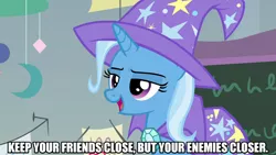 Size: 1280x720 | Tagged: safe, derpibooru import, edit, edited screencap, editor:jaredking203, screencap, trixie, pony, unicorn, a horse shoe-in, cape, caption, clothes, female, hat, image macro, mare, meme, movie reference, solo, text, the godfather, trixie's cape, trixie's hat