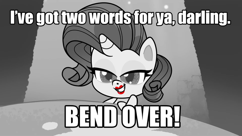 Size: 1920x1080 | Tagged: suggestive, derpibooru import, rarity, pony, unicorn, my little pony: pony life, princess probz, spoiler:pony life s01e01, bend over, caption, grayscale, image macro, lipstick, meme, monochrome, neo noir, partial color, text