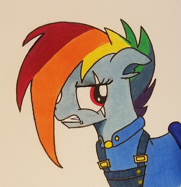 Size: 1417x1460 | Tagged: safe, artist:polar_storm, derpibooru import, rainbow dash, pegasus, pony, alternate timeline, apocalypse dash, bust, colored sketch, crystal war timeline, eye scar, female, frown, mare, red eyes, scar, simple background, solo, torn ear, traditional art, white background