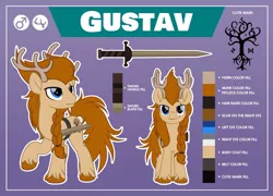 Size: 800x575 | Tagged: safe, artist:jhayarr23, derpibooru import, oc, oc:gustav, deer, deer pony, original species, pony, male, reference sheet, solo, sword, weapon