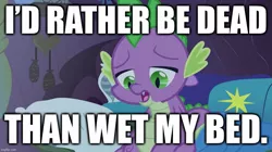 Size: 993x558 | Tagged: bed wetting, caption, derpibooru import, dragon, edit, edited screencap, golden oaks library, harry nilsson, i'd rather be dead, image macro, implied death, implied urine, male, safe, screencap, solo, song reference, spike, text