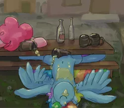 Size: 2000x1732 | Tagged: safe, artist:mandumustbasukanemen, derpibooru import, pinkie pie, rainbow dash, earth pony, pegasus, pony, alcohol, atg 2020, beer, belly button, bench, bottle, cider, drunk, drunker dash, drunkie pie, duo, female, mare, misleading thumbnail, mug, newbie artist training grounds, on back, passed out, sleeping, traditional art