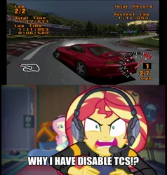 Size: 700x734 | Tagged: safe, derpibooru import, edit, edited screencap, screencap, fluttershy, sunset shimmer, equestria girls, equestria girls series, game stream, spoiler:eqg series (season 2), engrish, grammar error, gran turismo, gran turismo 1, shimmercode, solo, toyota, toyota supra