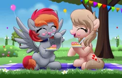 Size: 800x511 | Tagged: safe, artist:jhayarr23, derpibooru import, oc, oc:arian blaze, oc:vital sparkle, unofficial characters only, earth pony, pegasus, pony, balloon, cake, cute, eating, female, food, mare, ocbetes, picnic blanket, spread wings, tree, wings