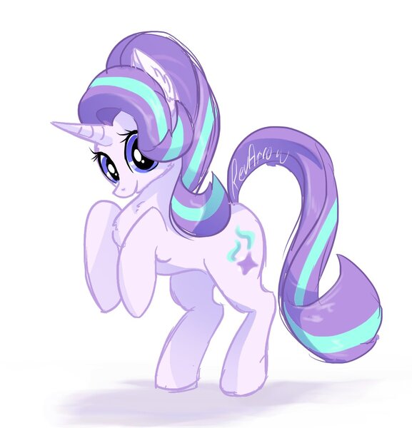 Size: 1132x1177 | Tagged: safe, artist:revarrow, derpibooru import, starlight glimmer, pony, unicorn, cute, ear fluff, glimmerbetes, rearing, simple background, smiling, solo, white background