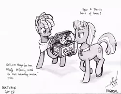 Size: 1024x796 | Tagged: safe, artist:digiral, derpibooru import, biscuit, bloofy, spur, earth pony, pegasus, pony, whirling mungtooth, growing up is hard to do, box, female, inktober, male, monochrome, teenager, traditional art