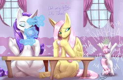 Size: 1280x832 | Tagged: safe, artist:blues64, artist:lesang, derpibooru import, fluttershy, rarity, sweetie belle, pegasus, pony, unicorn, bipedal, cup, evil laugh, female, filly, glowing horn, headcanon in the description, horn, indoors, laughing, levitation, mad with power, magic, mare, megalomaniac, sitting, table, talking, teacup, telekinesis