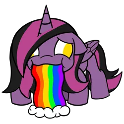 Size: 1905x1904 | Tagged: safe, artist:captshowtime, derpibooru import, oc, oc:showtime, unofficial characters only, alicorn, pony, chibi, commission, cute, derp, puking rainbows, rainbow, simple background, solo, transparent background, vomit, vomiting, ych result, your character here