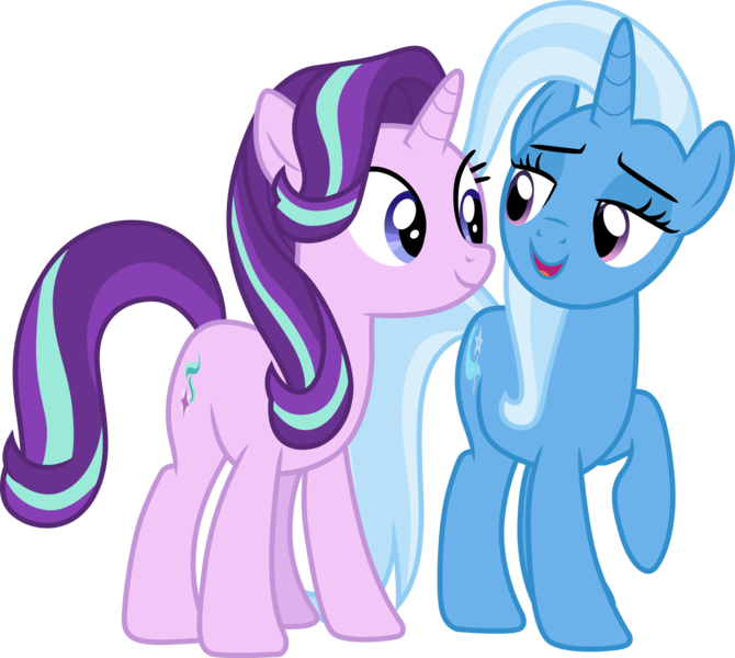 Size: 3348x3000 | Tagged: safe, artist:ambassad0r, artist:cloudyglow, artist:illumnious, derpibooru import, starlight glimmer, trixie, unicorn, no second prances, .ai available, cute, cutie mark, diatrixes, duo, glimmerbetes, high res, open mouth, raised hoof, simple background, smiling, transparent background, vector