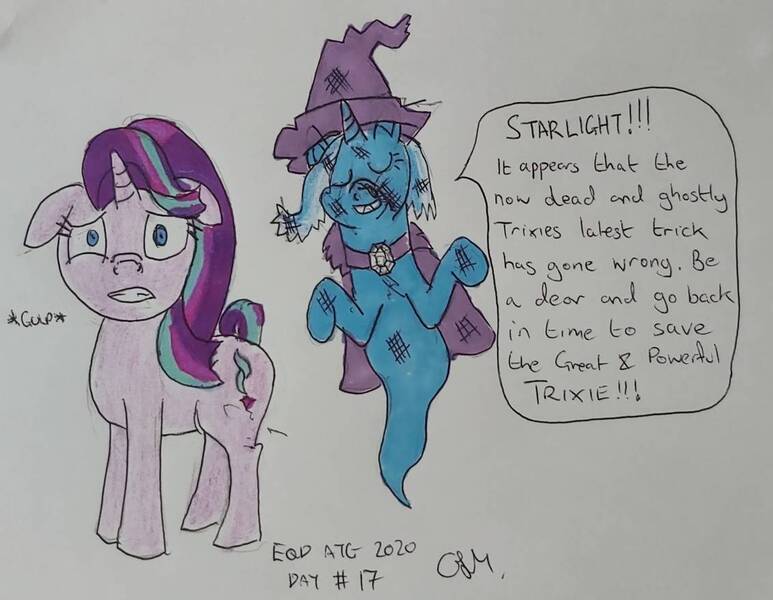 Size: 1132x879 | Tagged: artist:rapidsnap, derpibooru import, floppy ears, ghost, ghost pony, gulp, safe, starlight glimmer, traditional art, trixie, undead