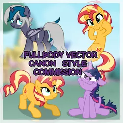 Size: 2000x2000 | Tagged: safe, artist:oyks, derpibooru import, sunset shimmer, twilight sparkle, twilight sparkle (alicorn), oc, oc:elizabat stormfeather, alicorn, bat pony, bat pony alicorn, pony, unicorn, advertisement, alicorn oc, any gender, any race, bat pony oc, bat wings, commission, commission info, faic, female, horn, mare, simple background, vector, wings