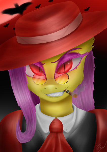 Size: 2894x4093 | Tagged: safe, artist:flaxen's art corner, derpibooru import, fluttershy, bat, bat pony, alucard, alushy, badass, bat ponified, crossover, flutterbadass, flutterbat, glowing eyes, hellsing, race swap, red eyes, smoking