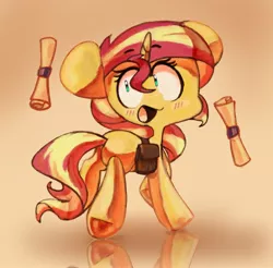 Size: 1600x1576 | Tagged: safe, artist:penny-wren, artist:sourspot, derpibooru import, sunset shimmer, pony, unicorn, blushing, collaboration, cute, female, mare, open mouth, scroll, shimmerbetes, solo