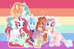 Size: 1034x682 | Tagged: safe, artist:6-fingers-lover, derpibooru import, oc, oc:fire ball, oc:lucky hoof (6-fingers-lover), oc:poison ivy, oc:smooth blue, oc:strong heart, oc:sugar cane, unofficial characters only, dracony, dragon, earth pony, hybrid, pegasus, pony, unicorn, female, interspecies offspring, levitation, magic, magical lesbian spawn, mare, offspring, parent:applejack, parent:bulk biceps, parent:fluttershy, parent:pinkie pie, parent:princess ember, parent:princess skystar, parent:rainbow dash, parent:rarity, parent:sunset shimmer, parent:troubleshoes clyde, parent:twilight sparkle, parents:embershy, parents:raribulk, parents:skypie, parents:sunsetdash, parents:troublejack, parents:twidash, pride flag, telekinesis