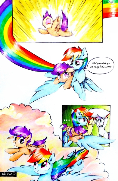 Size: 2322x3558 | Tagged: safe, artist:liaaqila, derpibooru import, apple bloom, rainbow dash, scootaloo, sweetie belle, earth pony, pegasus, unicorn, comic:fly high scoots, adorabloom, cloud, comic, cute, cutealoo, dashabetes, diasweetes, dream, falling, flying, good end, pillow, rainbow trail, scootaloo can fly, scootaloo can't fly, scootalove, screaming, sleeping, snoring, unamused