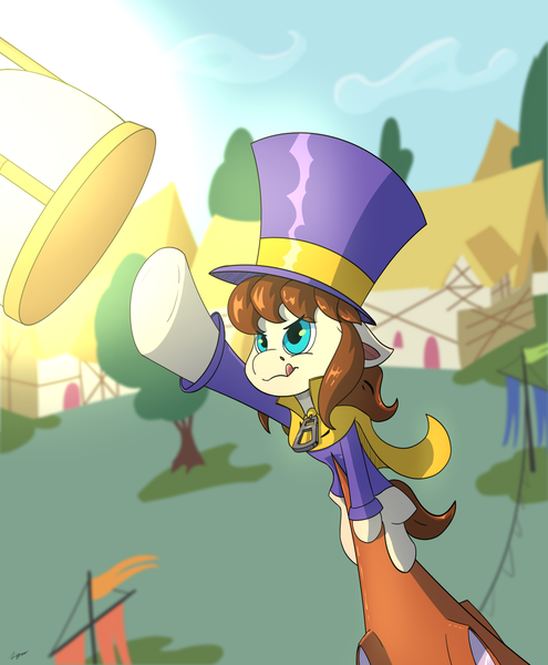 Size: 2048x2480 | Tagged: safe, artist:tigerett01, derpibooru import, ponified, earth pony, pony, a hat in time, cape, clothes, female, filly, hat, hat kid, hourglass, ponyville, reaching, solo, tongue out