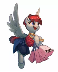 Size: 1298x1587 | Tagged: safe, artist:luciferamon, derpibooru import, valley glamour, pegasus, pony, clothes, cute, ear fluff, female, flying, mare, open mouth, shopping bags, simple background, solo, spread wings, tmall, white background, wings
