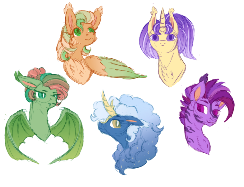 Size: 982x752 | Tagged: safe, artist:quartzel, derpibooru import, oc, dracony, dragon, hybrid, kirin, pegasus, pony, unicorn, zebra, adoptable, fluffy, sketch