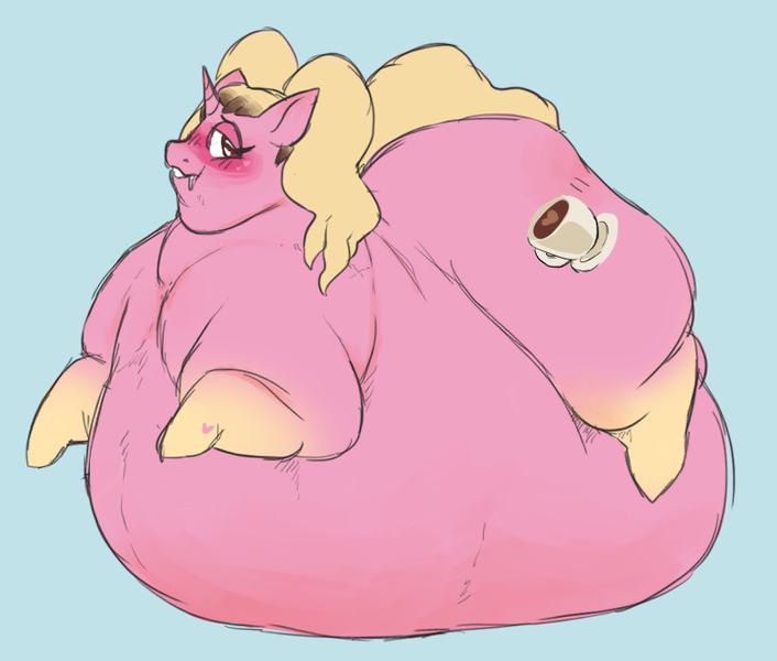 Size: 777x660 | Tagged: questionable, artist:cottoncloudy, derpibooru import, oc, oc:spunky brew, unofficial characters only, pony, unicorn, belly, belly bed, big belly, blushing, butt, cis, cis girl, drool, fat, huge belly, huge butt, immobile, impossibly large belly, impossibly large butt, large belly, large butt, looking at you, morbidly obese, obese, solo, the ass was fat, thighs, thunder thighs