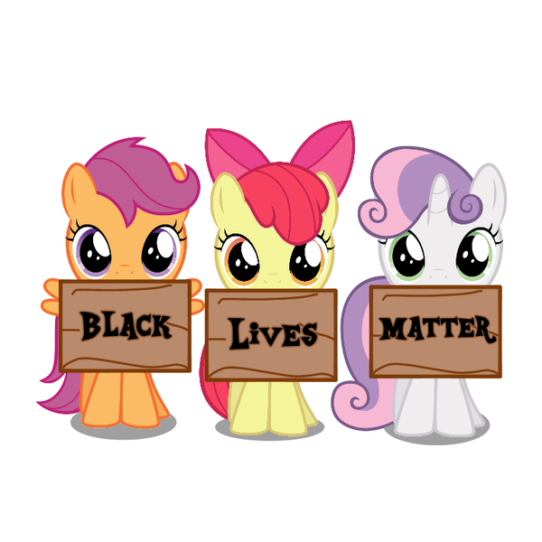 Size: 768x768 | Tagged: safe, anonymous artist, artist:thatguy1945, derpibooru import, apple bloom, scootaloo, sweetie belle, earth pony, pegasus, pony, unicorn, black lives matter, cutie mark crusaders, female, filly, foal, mouth hold, mouthpiece, politics, protest