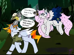 Size: 1080x809 | Tagged: safe, artist:cosmickitty.draws, derpibooru import, oc, unofficial characters only, bird, cat, cockatiel, pegasus, pony, clothes, dialogue, ethereal mane, female, flying, forest, hat, hiding, looking back, male, mare, open mouth, outdoors, pegasus oc, pith helmet, signature, smiling, stallion, starry mane, tree, wings