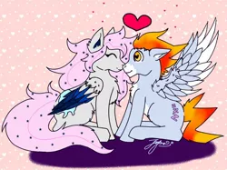 Size: 1080x808 | Tagged: safe, artist:cosmickitty.draws, derpibooru import, oc, unofficial characters only, pegasus, pony, abstract background, chest fluff, eyes closed, female, heart, male, mare, oc x oc, pegasus oc, shipping, signature, smiling, stallion, straight, wings