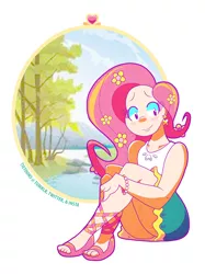 Size: 1836x2453 | Tagged: artist:tie-dye-flag, artist:tietoons, clothes, cute, derpibooru import, dress, ear piercing, earring, female, flower, flower in hair, fluttershy, human, humanized, jewelry, no more ponies at source, piercing, safe, sandals, shyabetes, sitting, skirt, smiling, solo