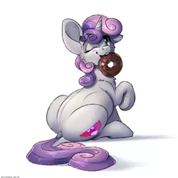 Size: 3000x3000 | Tagged: safe, artist:skitsniga, derpibooru import, sweetie belle, pony, unicorn, butt, cheek fluff, chest fluff, cute, cutie mark, diasweetes, dock, donut, ear down, female, filly, food, looking back, mouth hold, one eye closed, raised hoof, simple background, solo, sweetie butt, the cmc's cutie marks, underhoof, white background