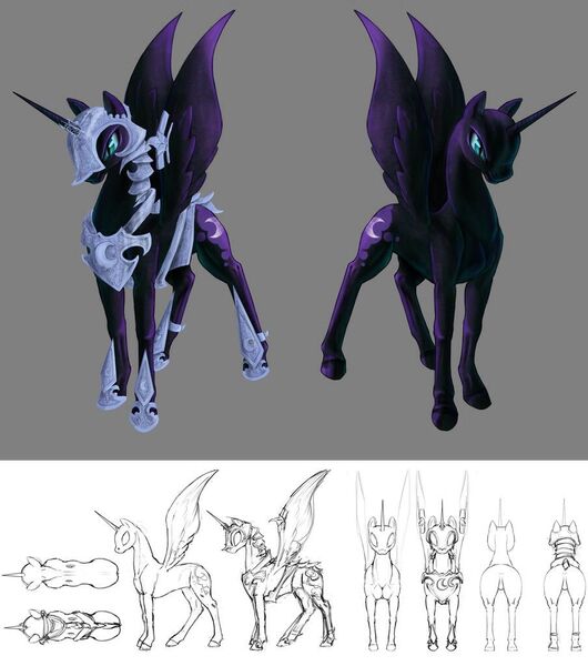 Size: 904x1024 | Tagged: safe, artist:silfoe, deleted from derpibooru, derpibooru import, nightmare moon, alicorn, pony, journey of the spark, armor, bald, bird's eye view, concept art, female, front view, glare, gray background, horn, mare, missing accessory, no armor, no tail, realistic horse legs, rear view, redesign, side view, simple background, sketch, slit pupils, solo, spread wings, white background, wings