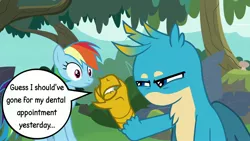 Size: 1920x1080 | Tagged: safe, derpibooru import, edit, edited screencap, screencap, gallus, rainbow dash, gryphon, pegasus, pony, non-compete clause, angry, annoyed, beak, beakless, cartoon physics, claws, got your nose, lip bite, modular, no mouth, speech bubble, squint, squinted eyes, wings