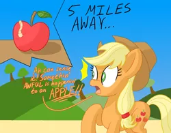 Size: 1920x1500 | Tagged: safe, artist:notadeliciouspotato, derpibooru import, applejack, earth pony, pony, worm, apple, atg 2020, emanata, female, food, hill, mare, newbie artist training grounds, open mouth, raised hoof, shocked, sky, solo, speech bubble, table, talking, that pony sure does love apples, tree, wide eyes