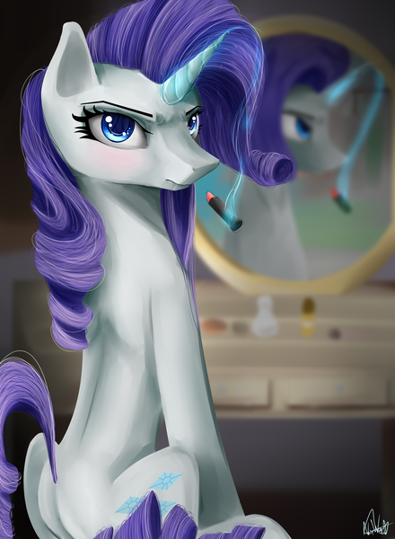 Size: 2200x3000 | Tagged: angry, artist:nixworld, blue eyes, curly hair, derpibooru import, diva, fancy, grumpy, lipstick, magic, makeup, mirror, purple hair, rarity, safe, sitting, table, white coat