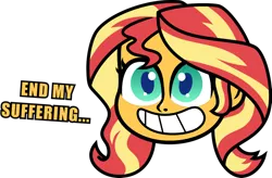 Size: 1024x672 | Tagged: safe, artist:kingdark0001, derpibooru import, sunset shimmer, equestria girls, my little pony: pony life, disembodied head, floating head, simple background, smiling, solo, text, white background