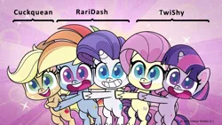 Size: 696x392 | Tagged: safe, derpibooru import, edit, edited screencap, screencap, applejack, fluttershy, rainbow dash, rarity, twilight sparkle, twilight sparkle (alicorn), alicorn, earth pony, pegasus, pony, unicorn, my little pony: pony life, bipedal, caption, cuckquean, female, group hug, hug, lesbian, mare, raridash, shipping, twishy